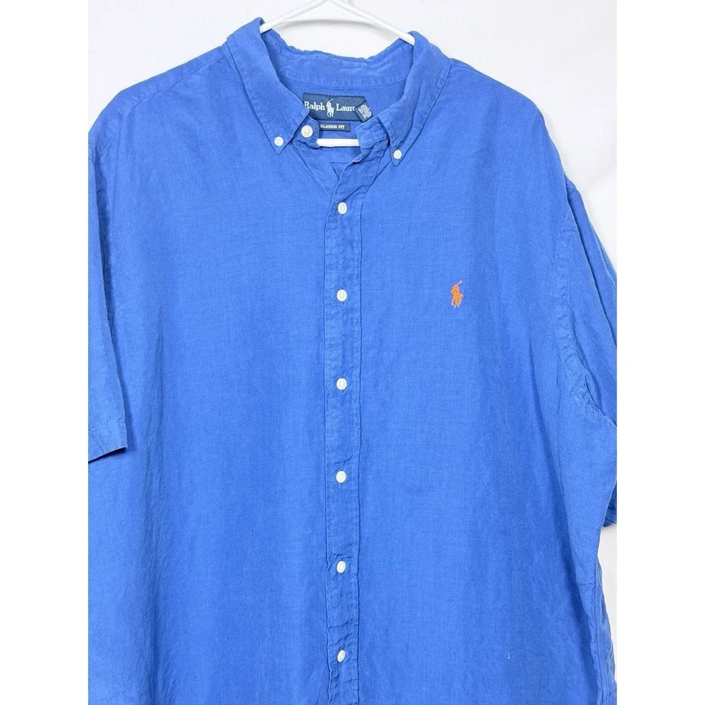 Ralph Lauren Linen Silk Camp Shirt Blue Classic Fit Button Down Mens XXL‎